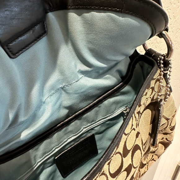 Coach purse handbag black leather with tan signature printed fabric - Picture 3 of 8